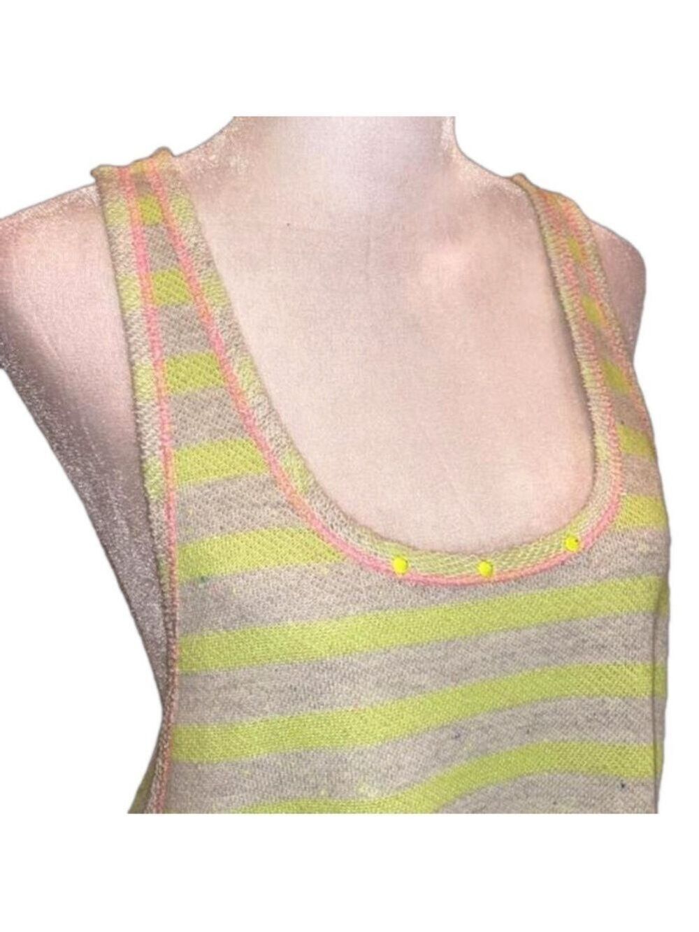 LUSH Neon Yellow & Gray Striped Sweatshirt-like Tank Top w/ Pink Trim, Size M - Picture 4 of 8